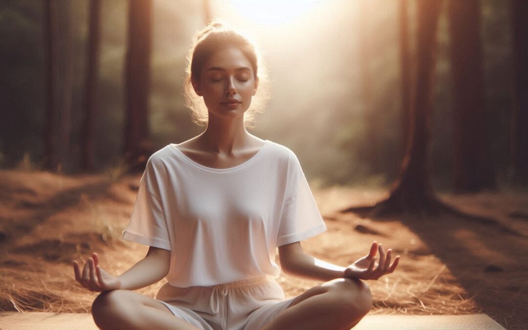 žena u bijeloj majici sjedi u položaju meditacije,mir u srcu